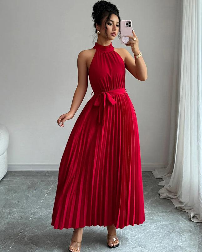 Pleated Halter Neck Tie Waist Maxi Dress