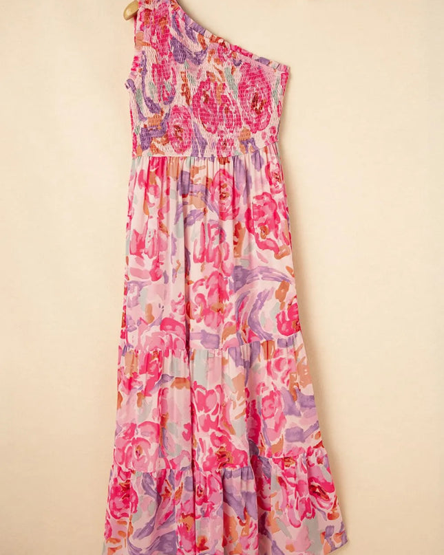 Floral Print Shirred One Shoulder Maxi Dress