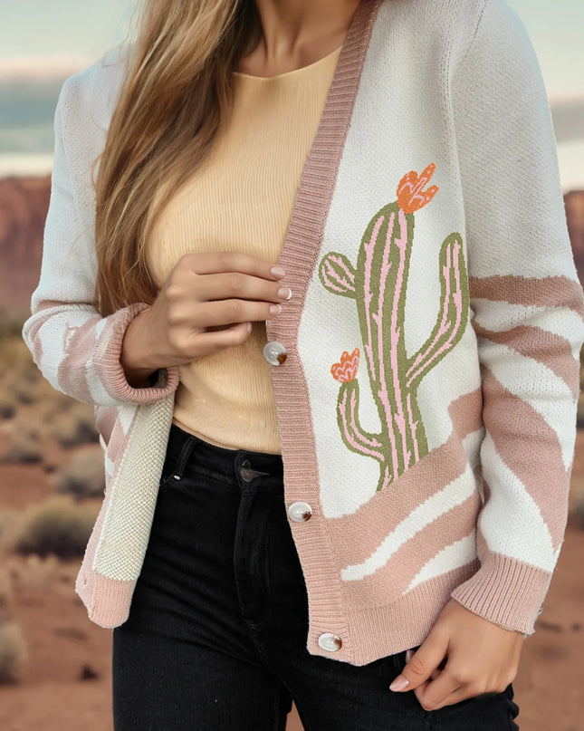 Desert Cactus Buttoned Front Sweater Cardigan Floral