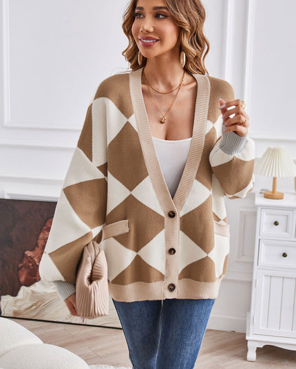 Geometric Lantern Sleeve Cardigan with Pockets