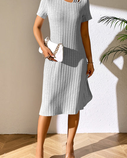 Ivy Lane Ribbed Asymmetrical Neck Short Sleeve Dress Light Gray