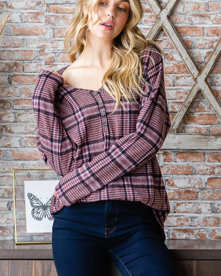 Heimish Full Size Plaid V-Neck Long Sleeve Top