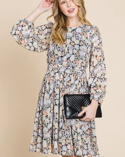 Lime 'N' Chili Chiffon Floral Print Belted Dress with Back Zipper 