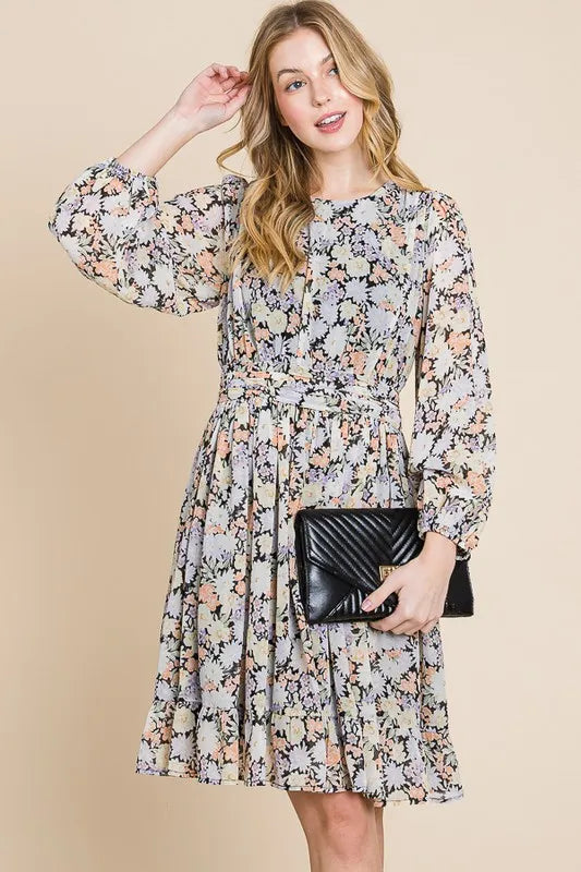 Lime 'N' Chili Chiffon Floral Print Belted Dress with Back Zipper 