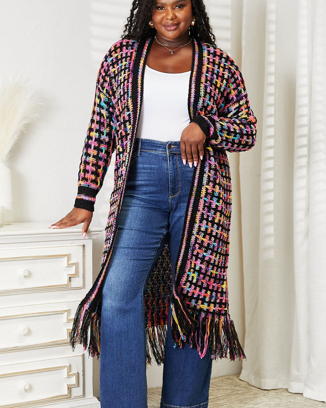 Angel Wings Full Size Multicolored Open Front Fringe Hem Cardigan