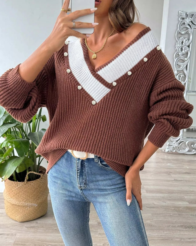 V-Neck Button-Decorated Sweater