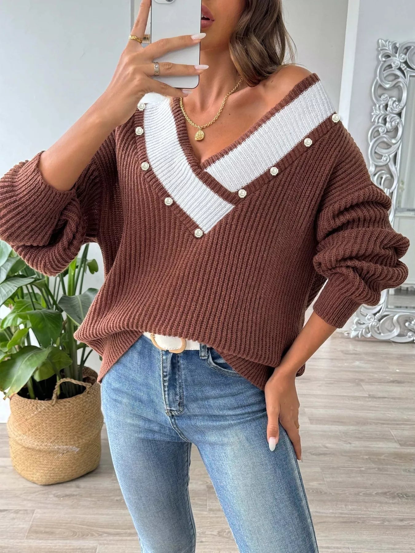 V-Neck Button-Decorated Sweater