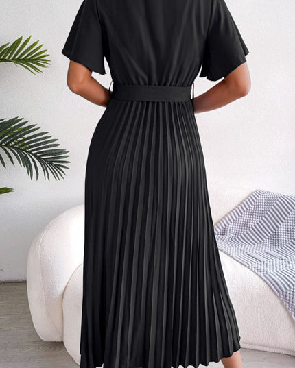 Pleated Flutter Sleeve Belted Dress