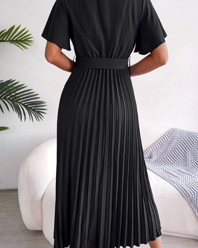Pleated Flutter Sleeve Belted Dress