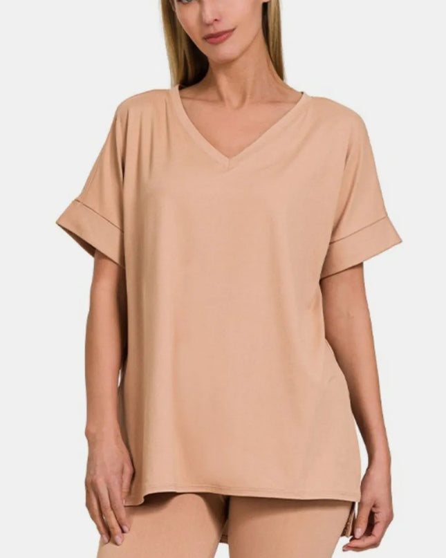 Zenana Full Size V-Neck Rolled Short Sleeve T-Shirt and Leggings Lounge Set