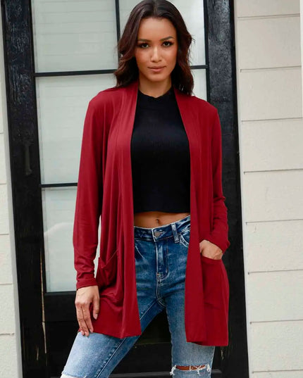 Basic Bae Full Size Open Front Long Sleeve Cardigan with Pockets Deep Red