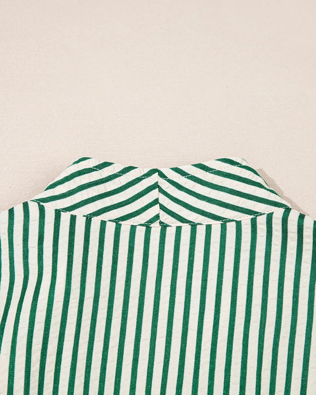 Stripe V Neck Zip Front Cinched High Waist Midi Dress