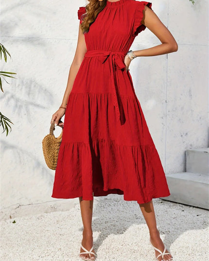 Frill Mock Neck Ruffled Cap Sleeve Midi Dress Deep Red