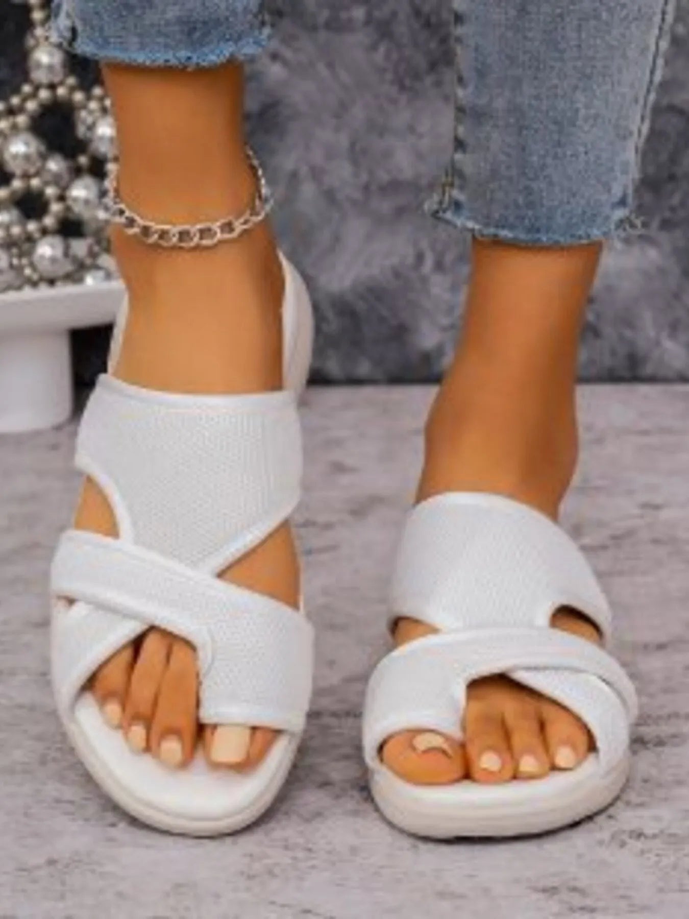 Cutout Mesh Solid Color Sandals