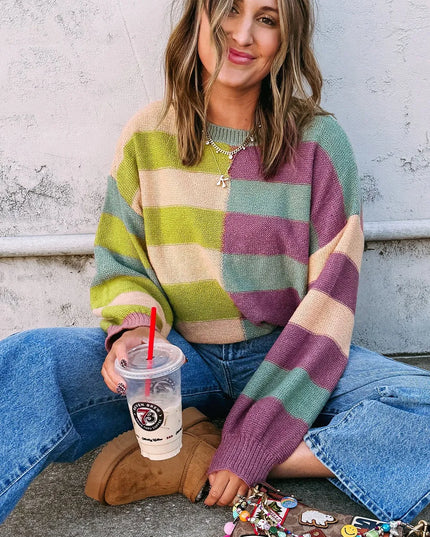 Stripe Drop Shoulder Ribbed Edge Sweater Multicolor
