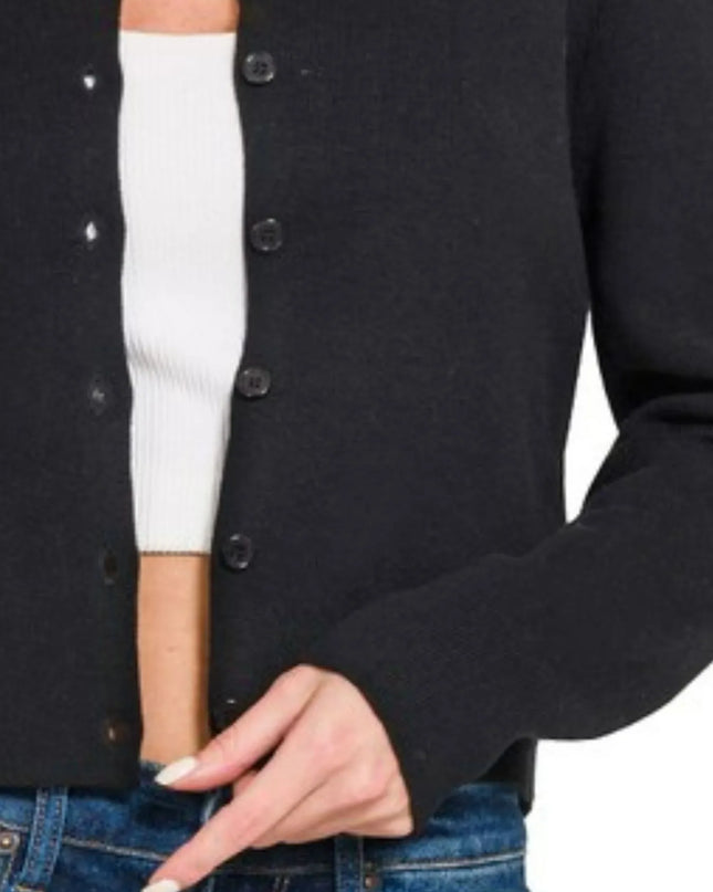 Zenana Button-Front Crewneck Long Sleeve Cropped Cardigan