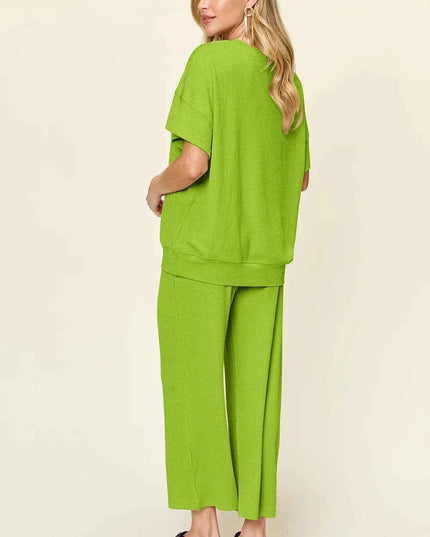 Double Take Full Size Texture Round Neck Short Sleeve T-Shirt and Wide Leg Pants