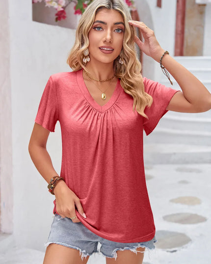 Double Take Ruched V-Neck Short Sleeve T-Shirt