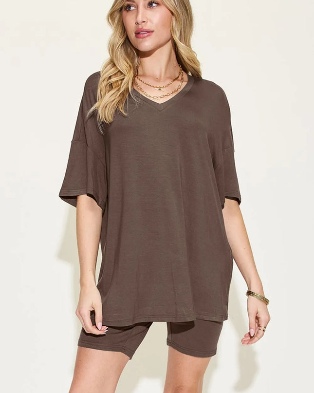 Basic Bae Full Size V-Neck Drop Shoulder T-Shirt and Shorts Set 