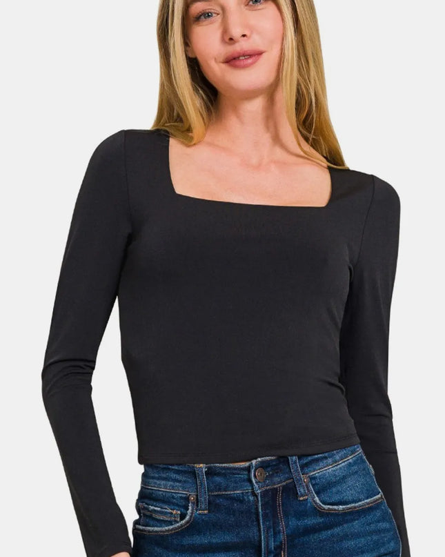 Zenana Square Neck Fitted Long Sleeve T-Shirt Black