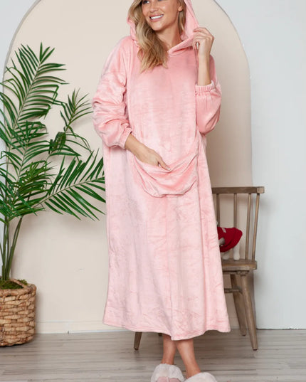 Double Take Full Size Pocketed Hooded Midi Lounge Dress Dusty Pink