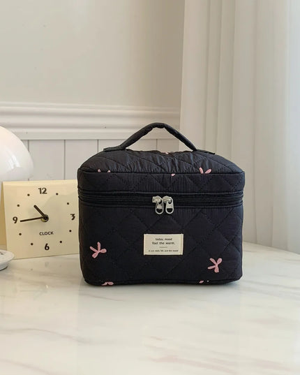 Bow Embroidered Quilted Storage Bag with Zip Black One Size