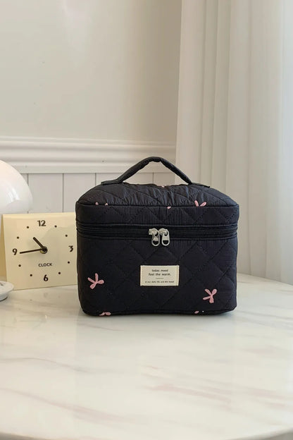 Bow Embroidered Quilted Storage Bag with Zip Black One Size