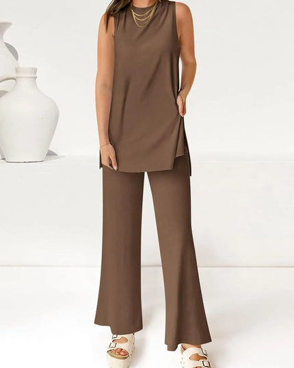 Round Neck Tank and Pants Set Khaki