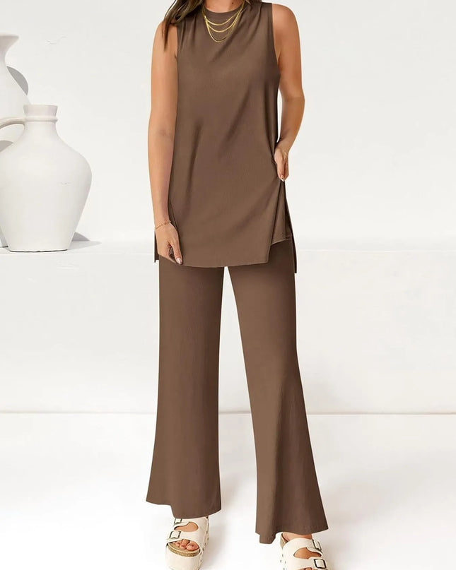 Round Neck Tank and Pants Set Khaki