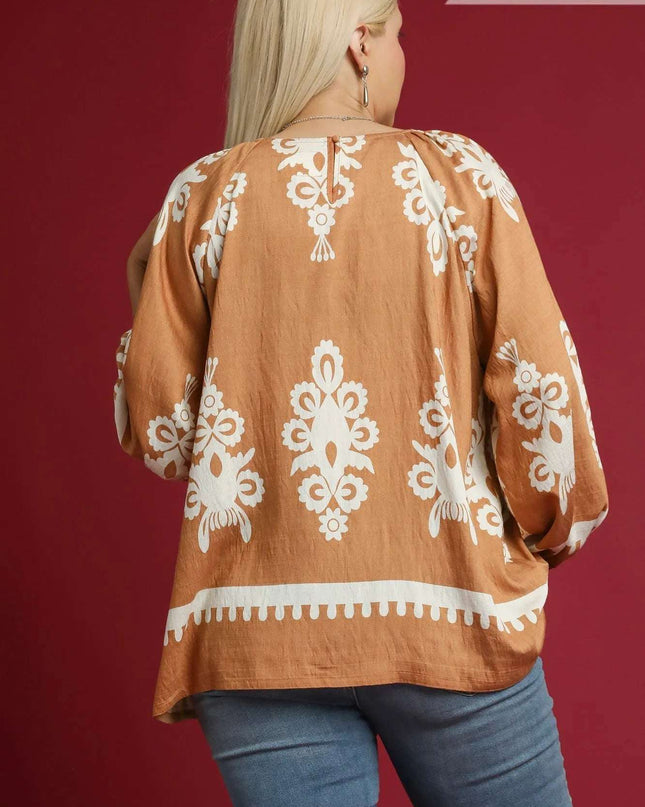 Umgee Full Size Two Tone Border Print Top with Balloon Sleeves Plus Size