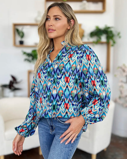 Double Take Full Size Printed Balloon Sleeve Blouse