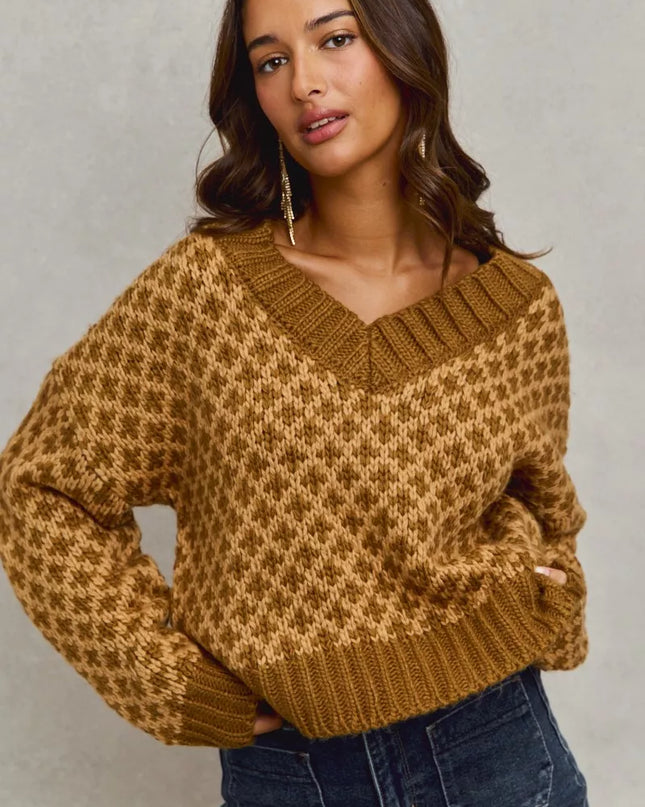 SO ME Color Block Textured Christmas Sweater V Neck Top