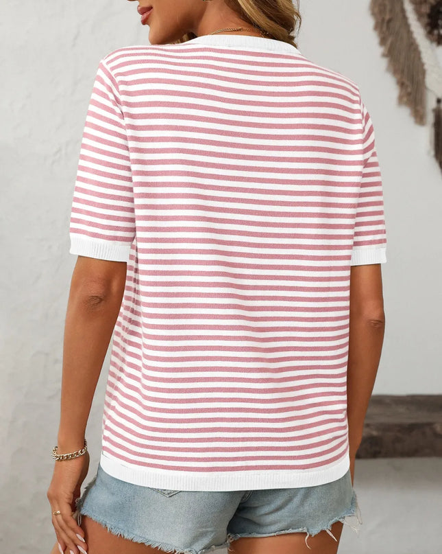 Mandy Striped Round Neck Half Sleeve Knit Top