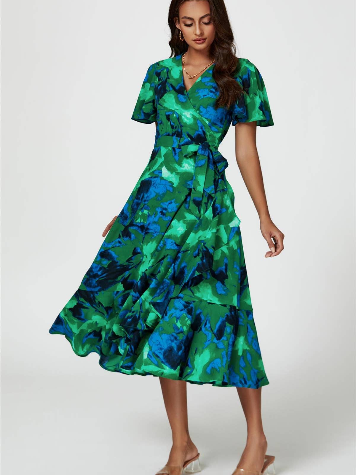 Abstract Print Midi Wrap Dress in Green