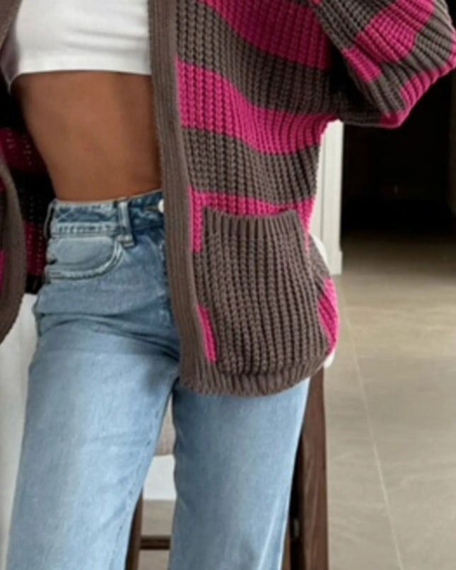 Striped Open Front Long Sleeve Cardigan