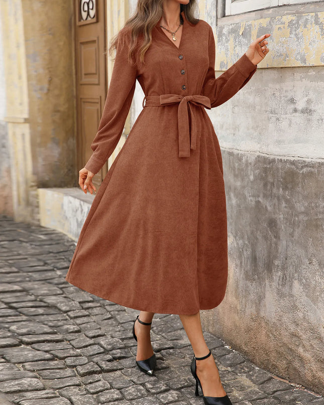 Long Sleeve Button Front Belted Midi Dress