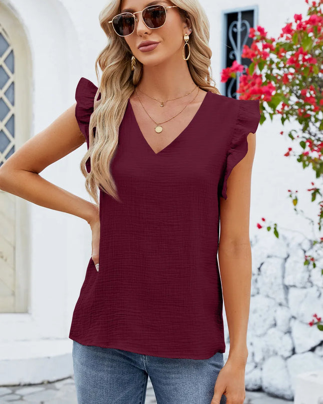 Ruffled V-Neck Cap Sleeve Blouse 