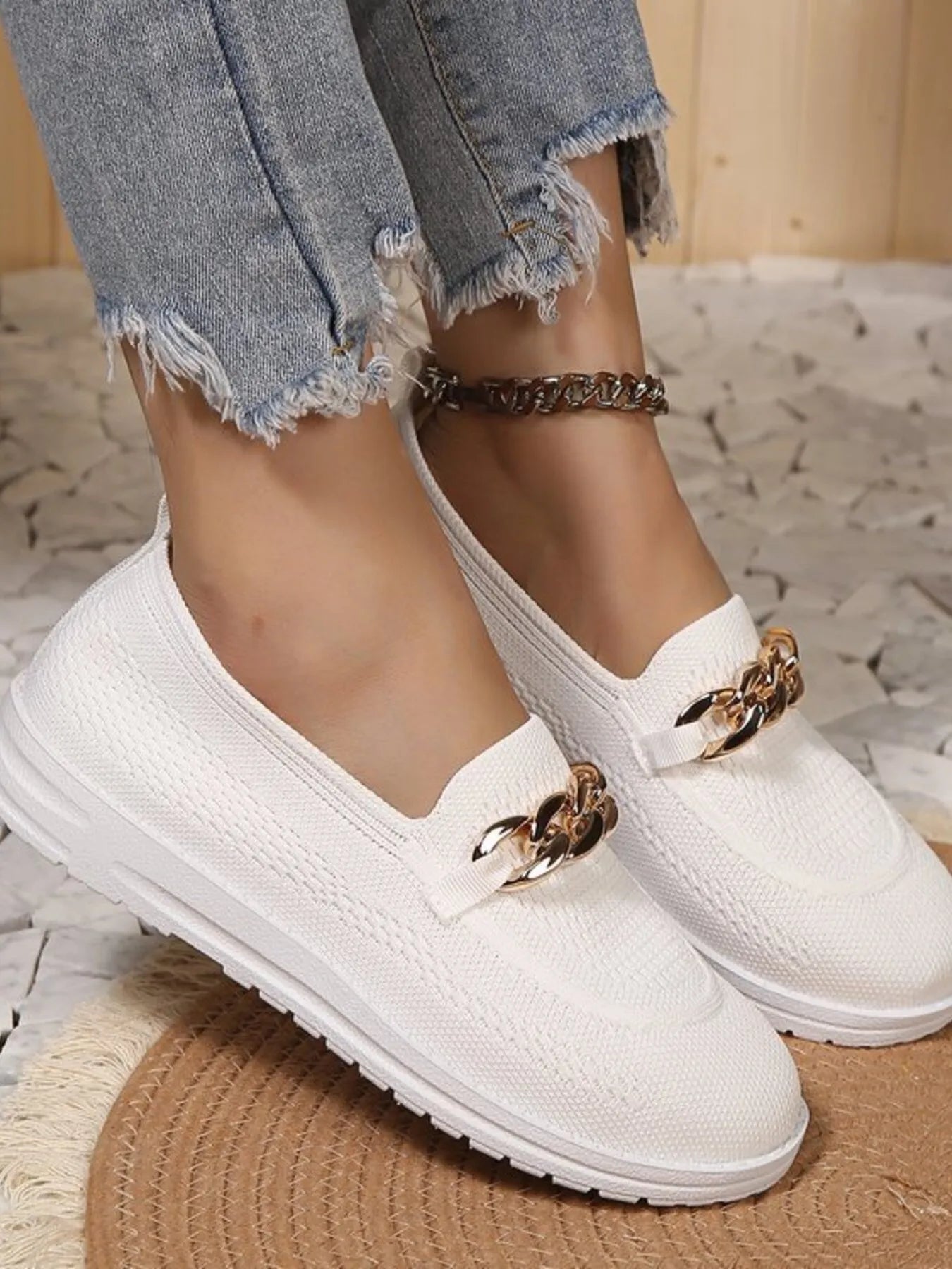 Chain Detail Mesh Slip-Ons White