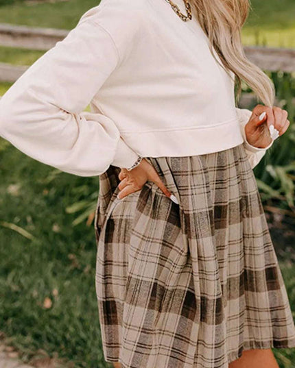 Plaid Round Neck Long Sleeve Mini Dress