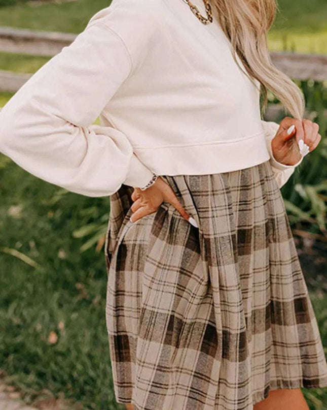 Plaid Round Neck Long Sleeve Mini Dress