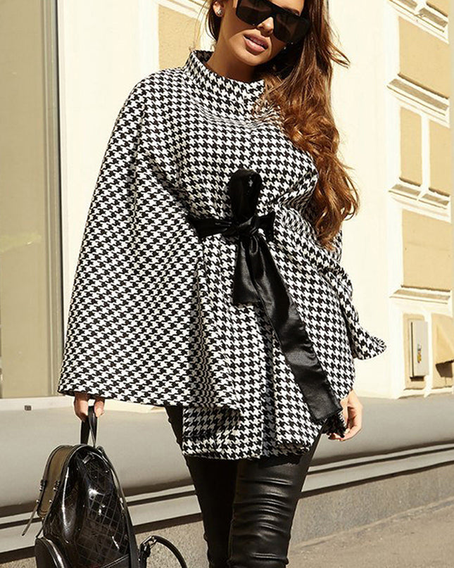 Houndstooth Tie Waist Trench Coat 