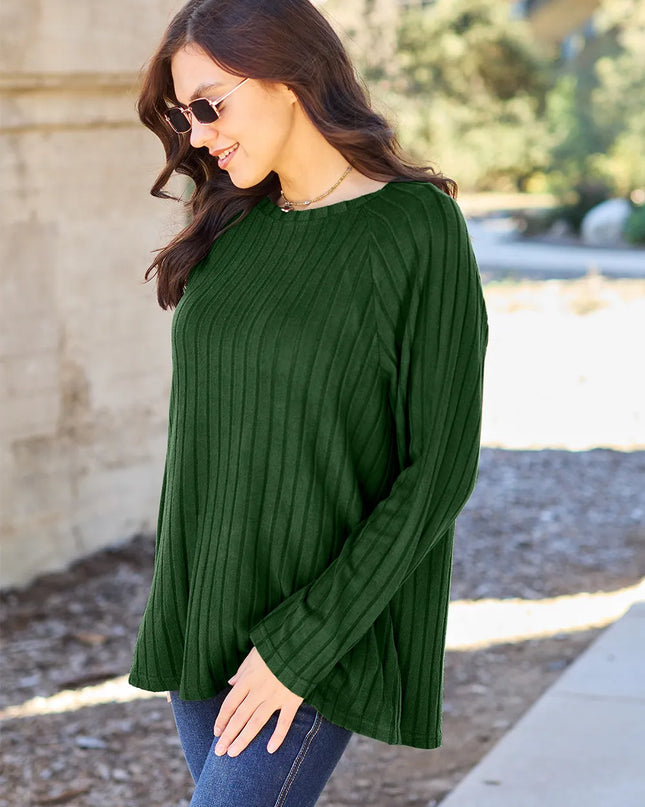 Basic Bae Full Size Ribbed Round Neck Long Sleeve Knit Top