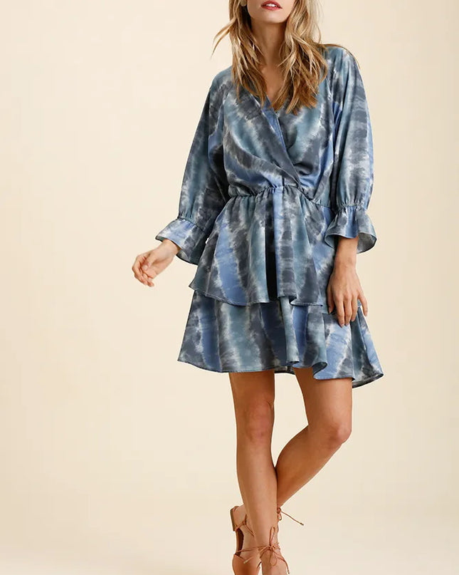 Umgee Tie Dye Ruffled Layered Dress with Elastic Waistband BLUE GREY