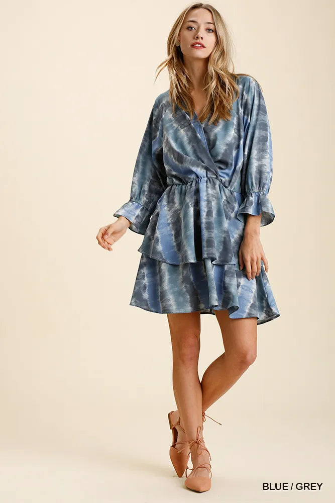 Umgee Tie Dye Ruffled Layered Dress with Elastic Waistband BLUE GREY