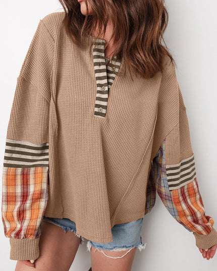 Waffle Stripe Plaid Patchwork Henley Knit Top Camel
