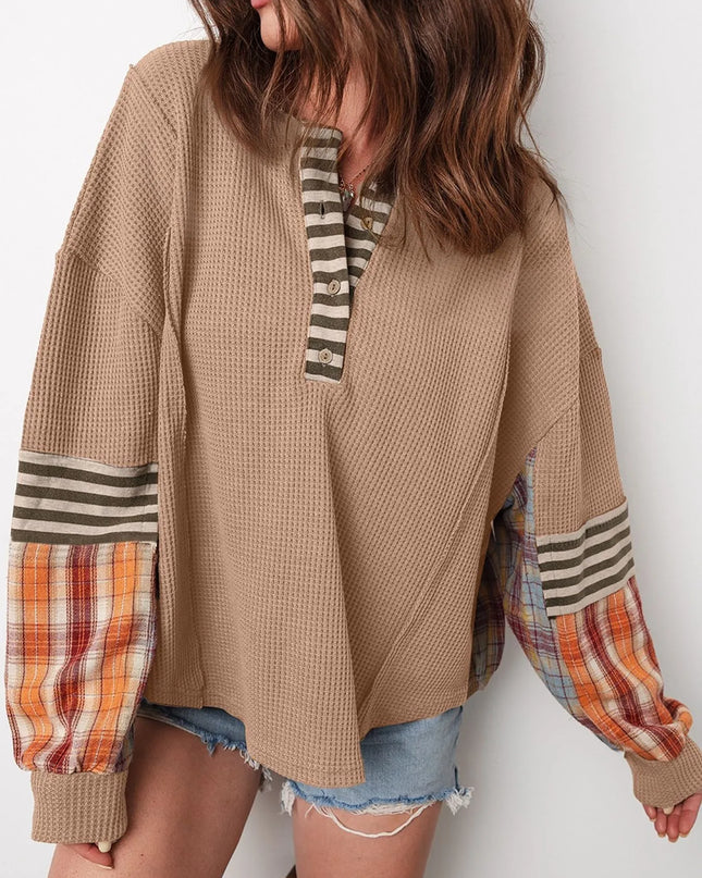 Waffle Stripe Plaid Patchwork Henley Knit Top Camel