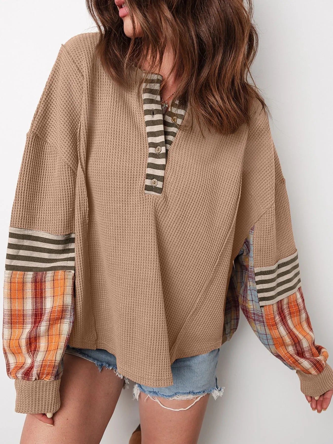 Waffle Stripe Plaid Patchwork Henley Knit Top Camel