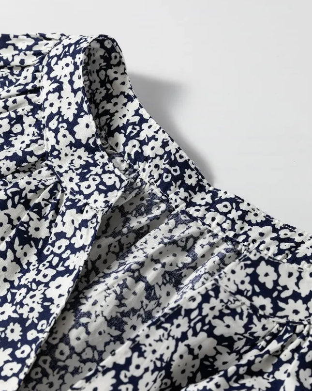 Floral Print Notched Long Sleeve Blouse