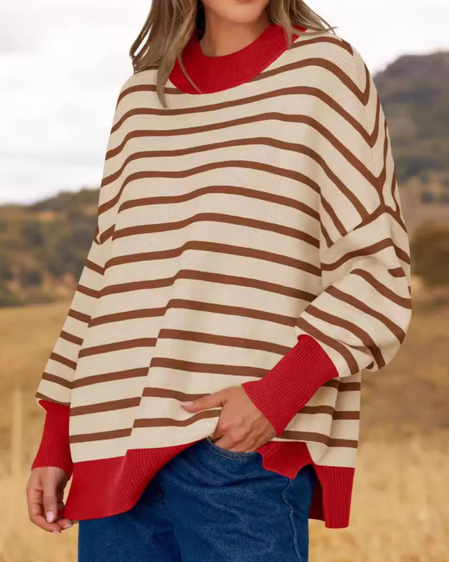 Striped Round Neck Long Sleeve Sweater Red