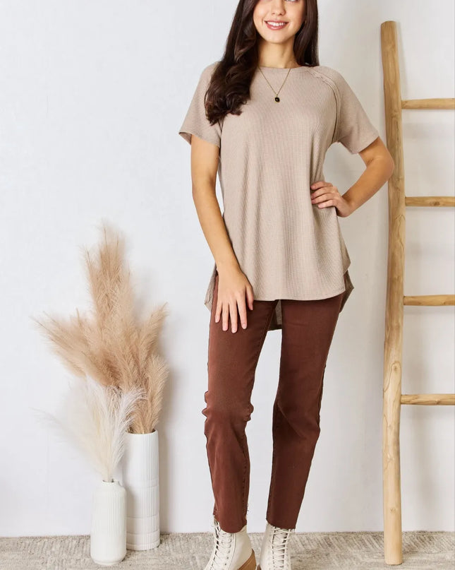 Zenana Baby Waffle Short Sleeve Slit High-Low T-Shirt